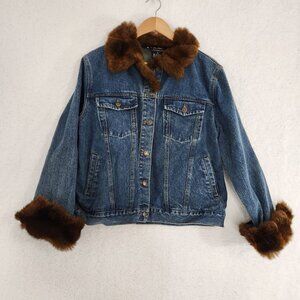 Jean Jacket With Faux Fur Brown Blue Large Vintage